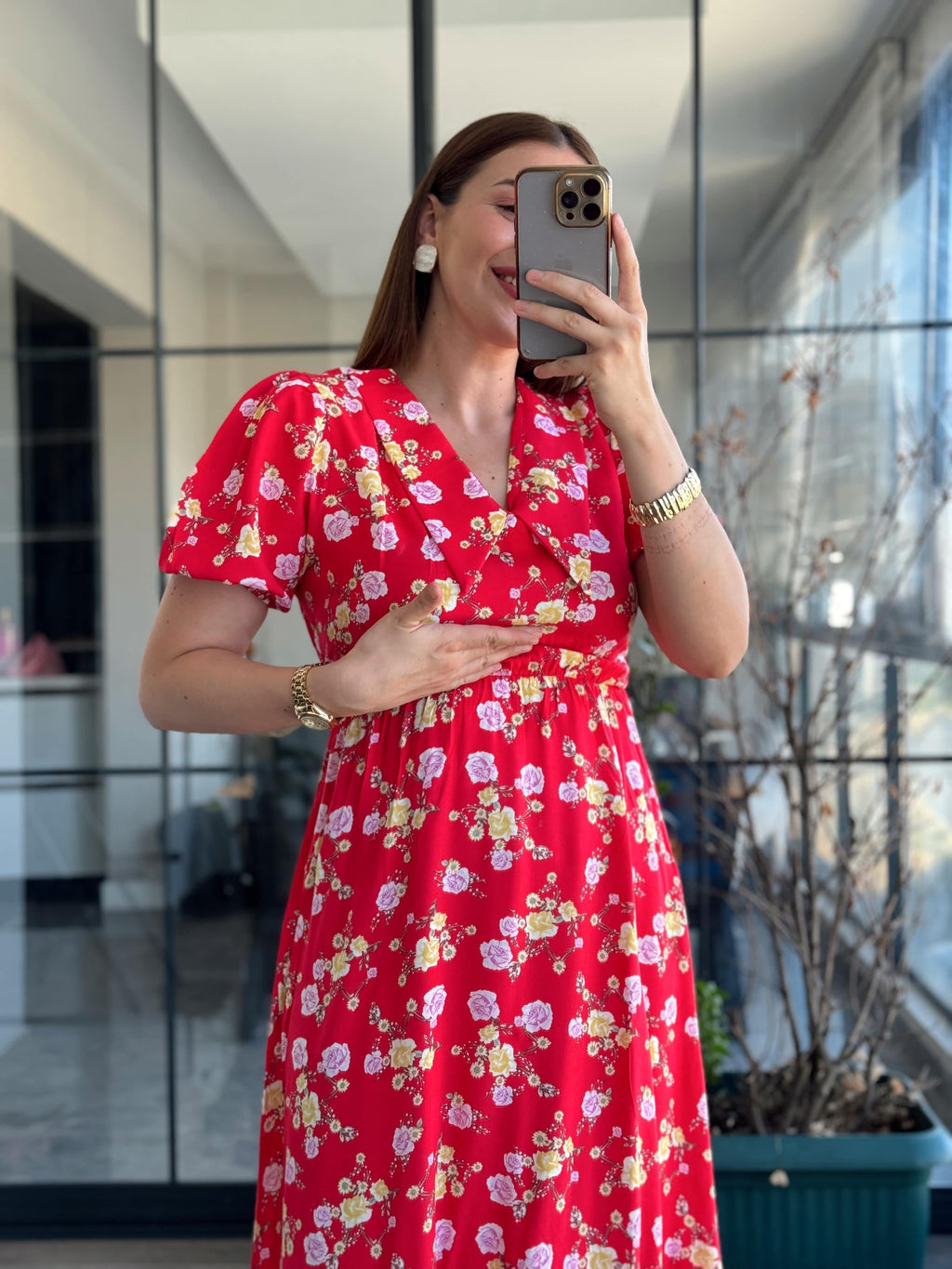 Pimu New Season Baby Collar Viscose Midi Dress - Belted Trend - Red | Grocsy