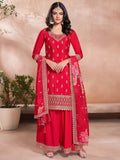 The52 Women's Gorgeous Embroidery Vichitra Silk Fabric Straight Kurta, Sharara and Dupatta Set | Grocsy