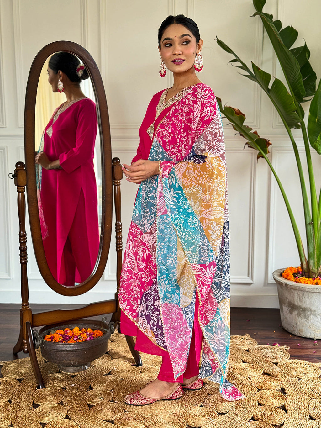 The52 Floral Chanderi Silk Fabric Straight Kurta, Pant and Dupatta Set | Grocsy