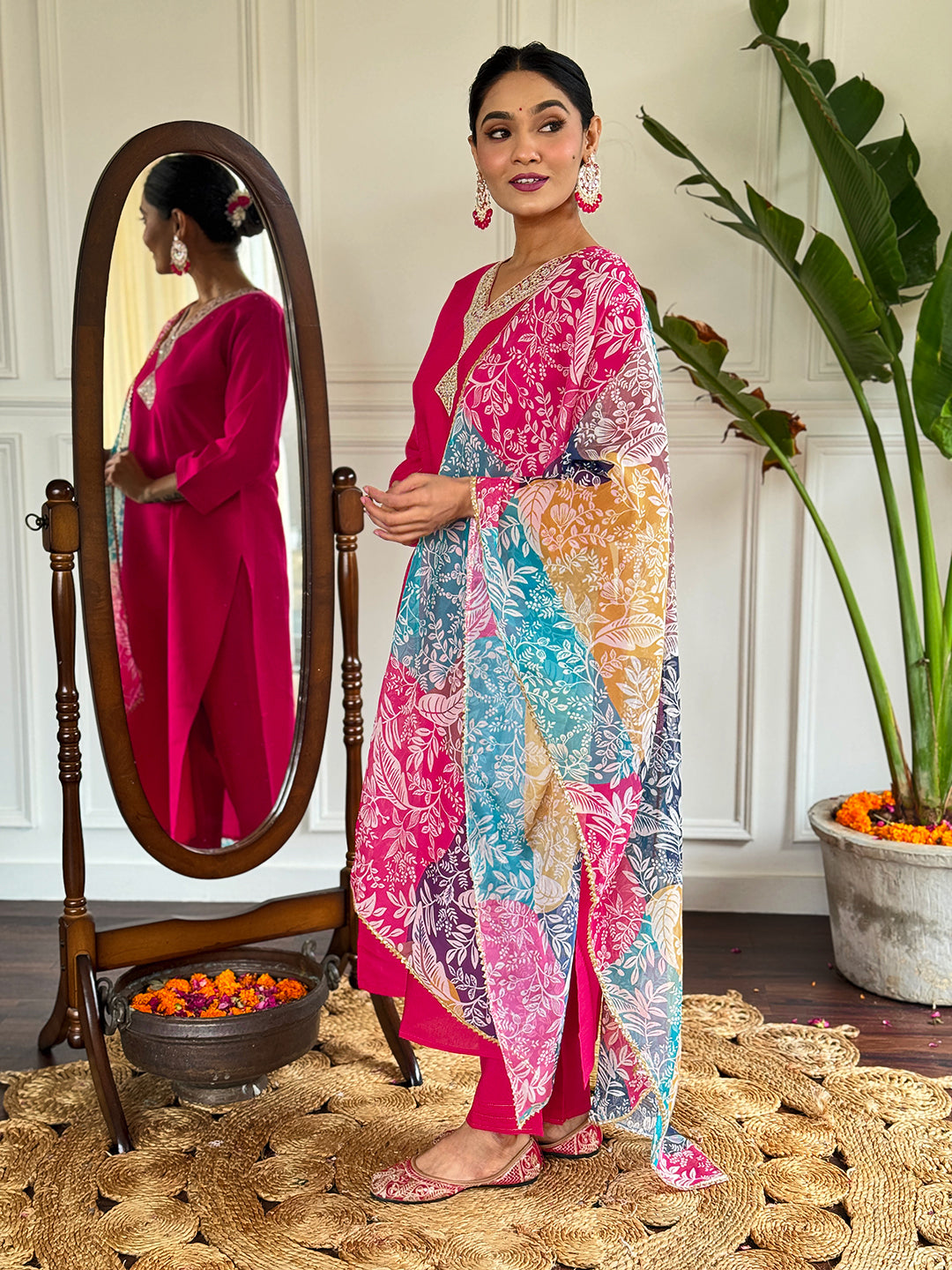 The52 Floral Chanderi Silk Fabric Straight Kurta, Pant and Dupatta Set | Grocsy