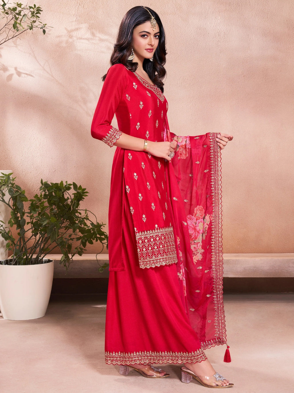 The52 Women's Gorgeous Embroidery Vichitra Silk Fabric Straight Kurta, Sharara and Dupatta Set | Grocsy