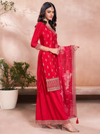 The52 Women's Gorgeous Embroidery Vichitra Silk Fabric Straight Kurta, Sharara and Dupatta Set | Grocsy