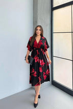 Pimu Front Slit Midi Dresses V-neck Designs For Women Party Wear - Red | Grocsy