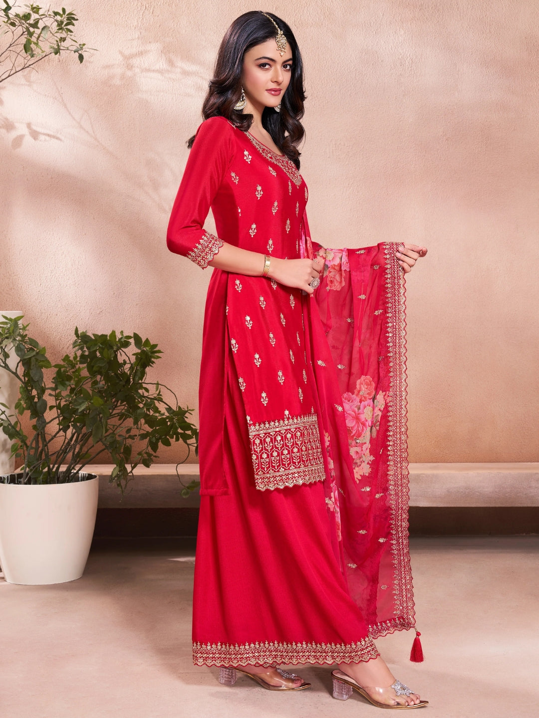The52 Women's Gorgeous Embroidery Vichitra Silk Fabric Straight Kurta, Sharara and Dupatta Set | Grocsy