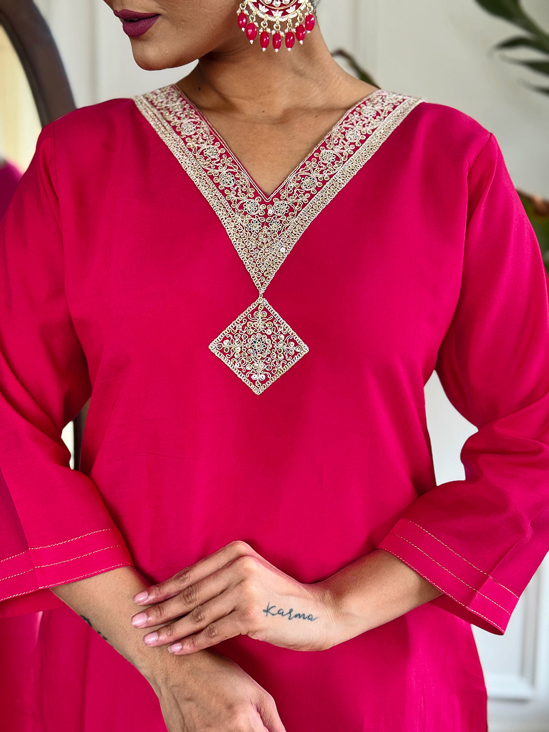 The52 Floral Chanderi Silk Fabric Straight Kurta, Pant and Dupatta Set | Grocsy