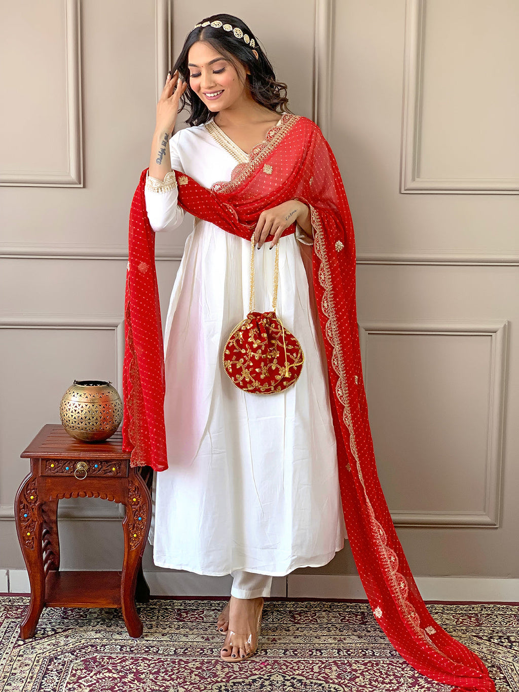 The52 Women's Gorgeous Embroidery Chandrei Fabric Straight Kurta, Pant and Dupatta Set | Grocsy