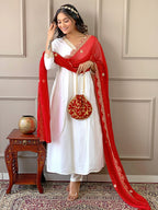 The52 Women's Gorgeous Embroidery Chandrei Fabric Straight Kurta, Pant and Dupatta Set | Grocsy
