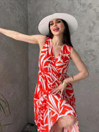 Pimu Viscose Patterned Summer Dress - Elastic Waist, V-Neck - Red | Grocsy