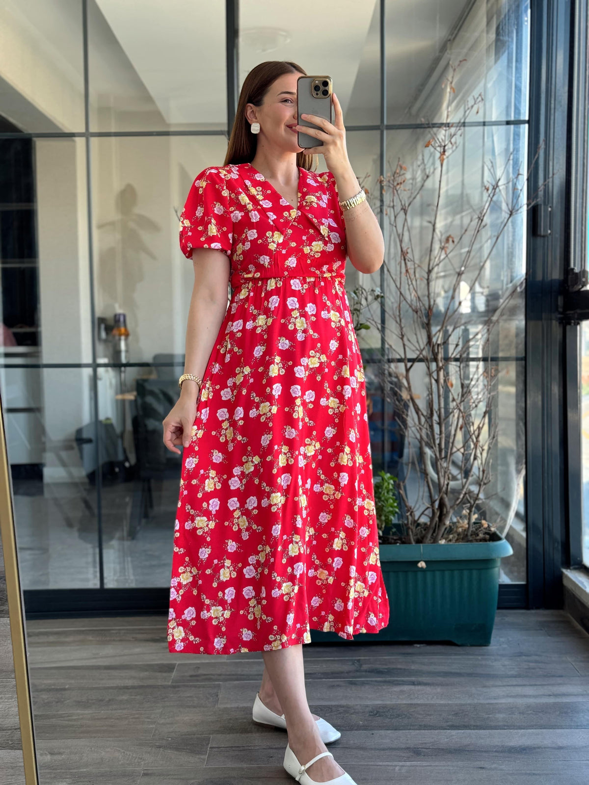 Pimu New Season Baby Collar Viscose Midi Dress - Belted Trend - Red | Grocsy