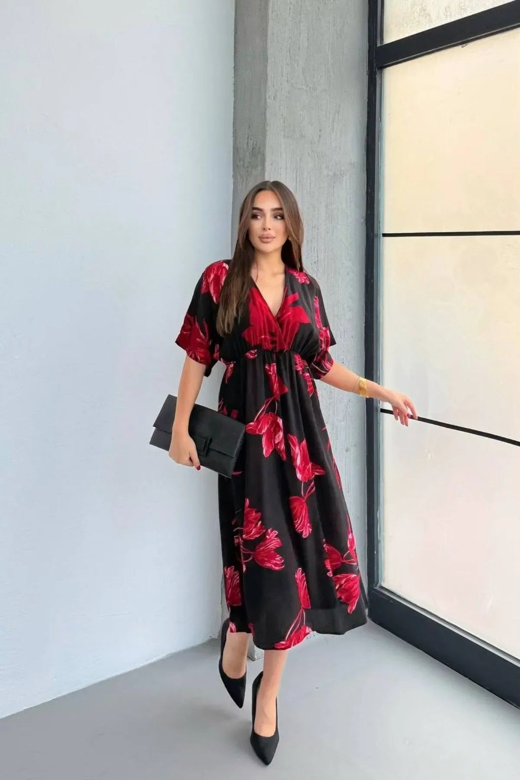 Pimu Front Slit Midi Dresses V-neck Designs For Women Party Wear - Red | Grocsy