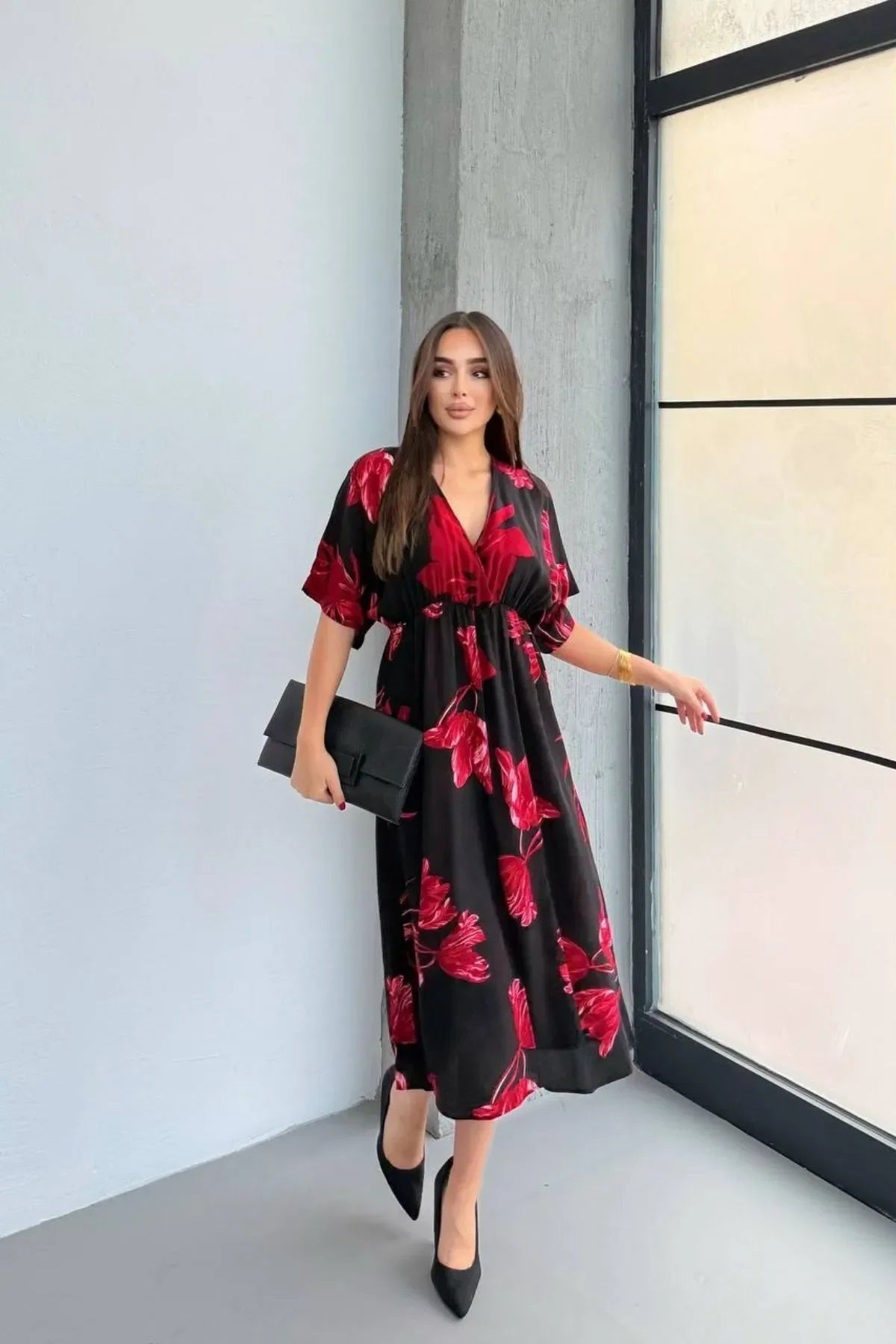 Pimu Front Slit Midi Dresses V-neck Designs For Women Party Wear - Red | Grocsy