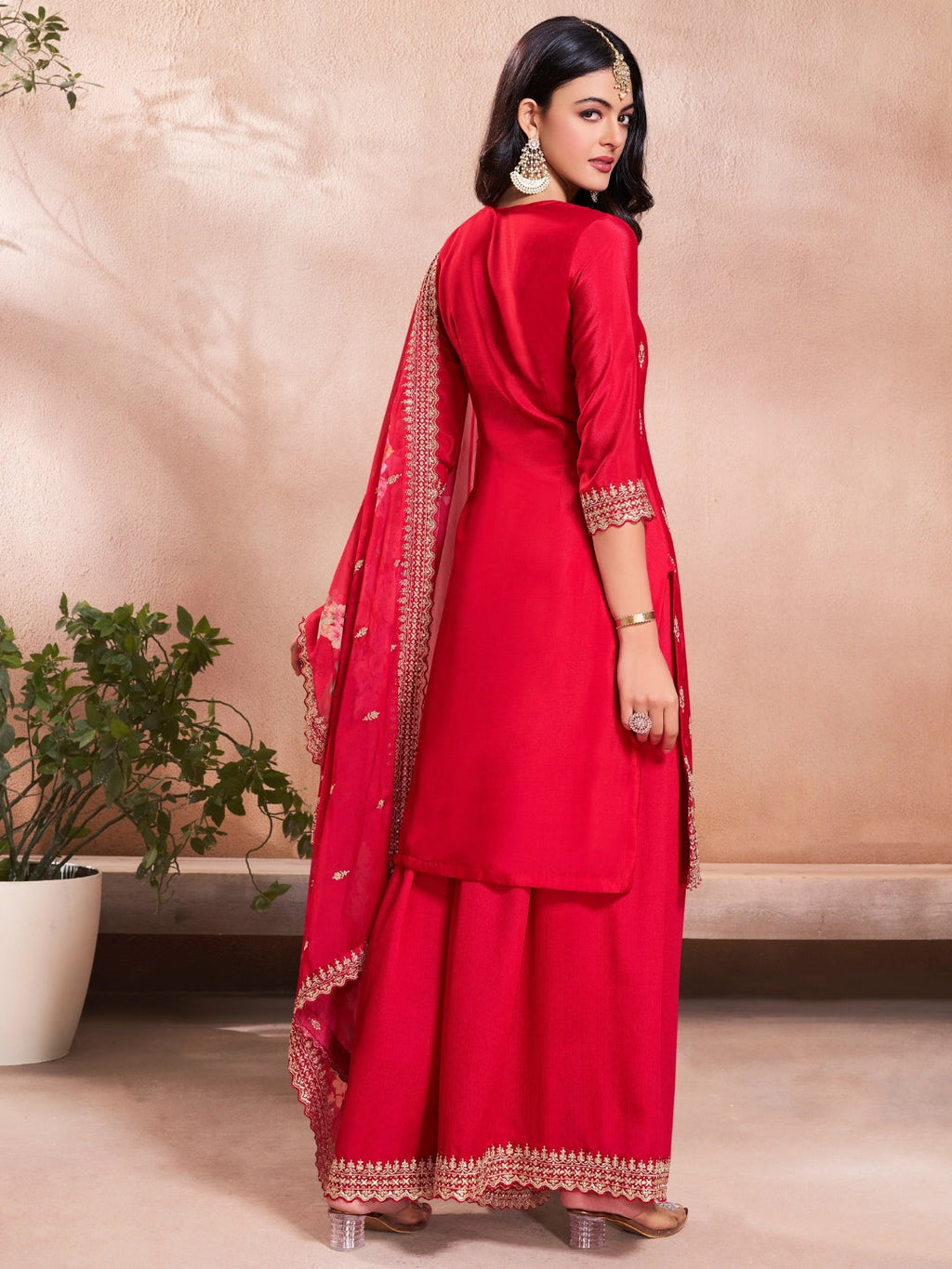 The52 Women's Gorgeous Embroidery Vichitra Silk Fabric Straight Kurta, Sharara and Dupatta Set | Grocsy