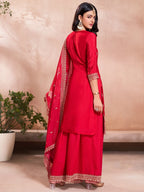 The52 Women's Gorgeous Embroidery Vichitra Silk Fabric Straight Kurta, Sharara and Dupatta Set | Grocsy