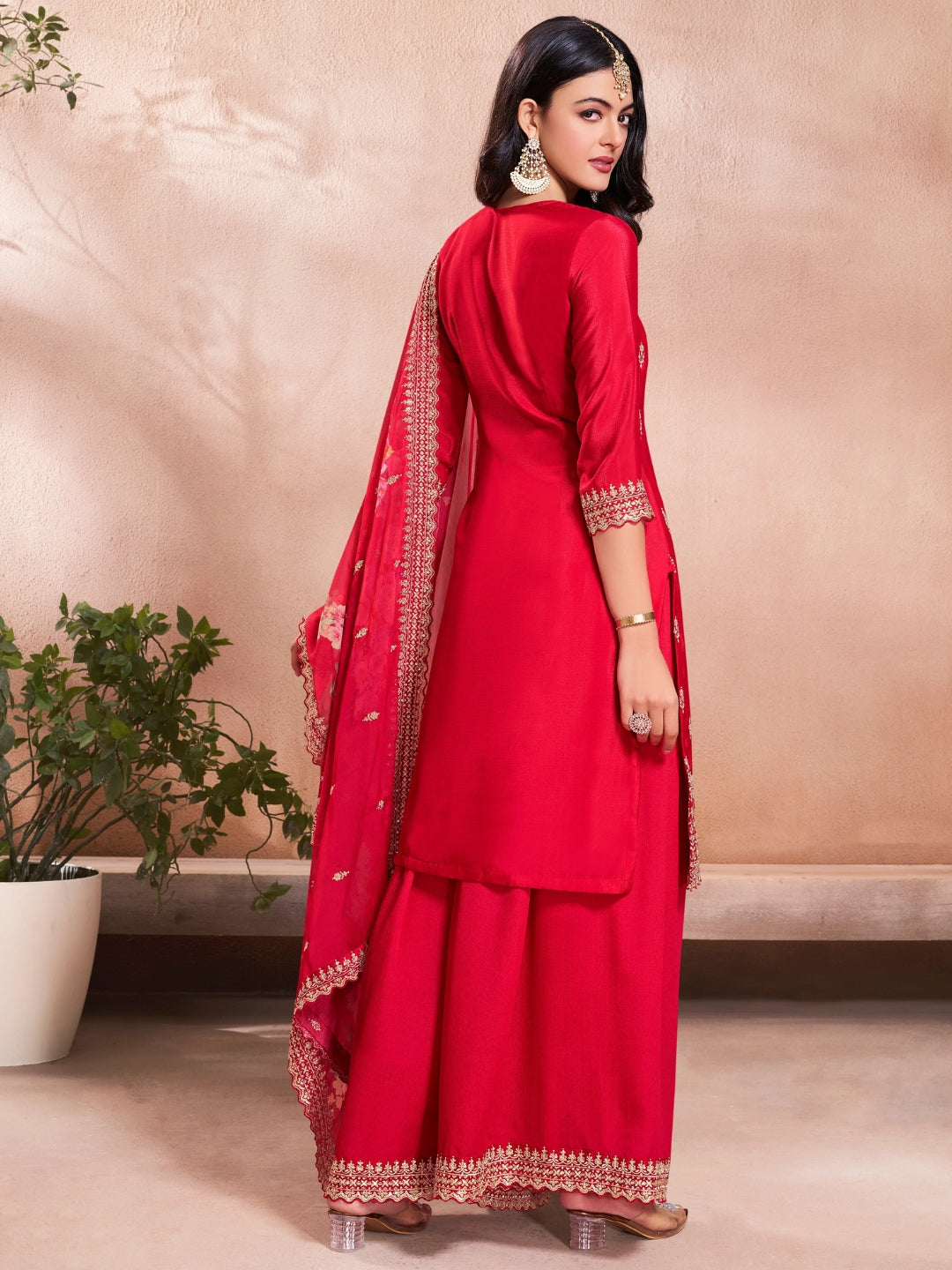 The52 Women's Gorgeous Embroidery Vichitra Silk Fabric Straight Kurta, Sharara and Dupatta Set | Grocsy