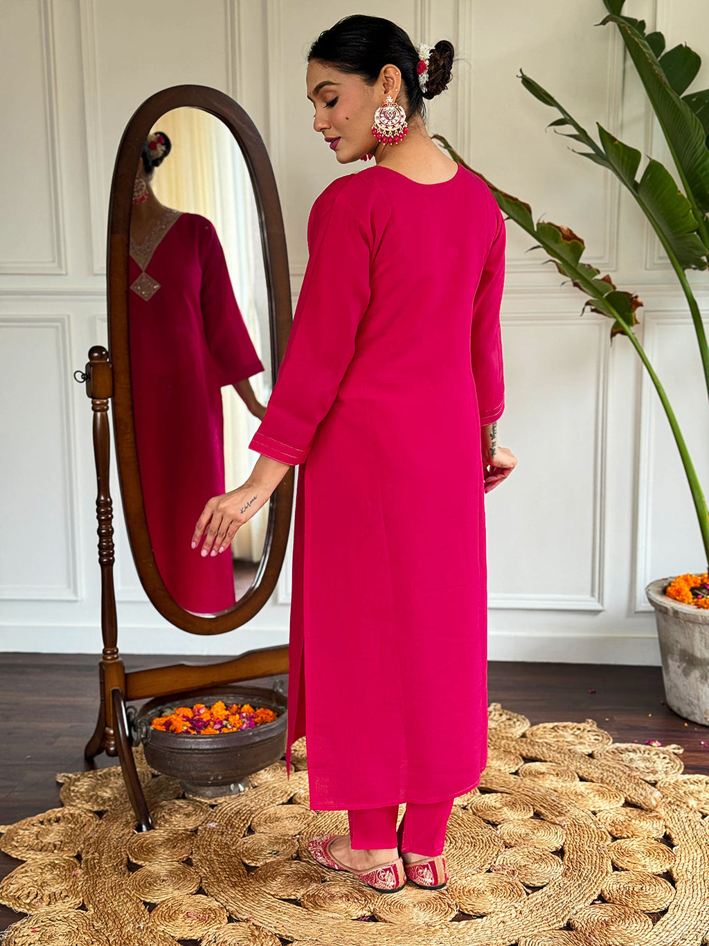 The52 Floral Chanderi Silk Fabric Straight Kurta, Pant and Dupatta Set | Grocsy