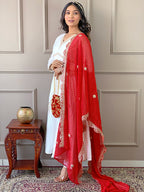 The52 Women's Gorgeous Embroidery Chandrei Fabric Straight Kurta, Pant and Dupatta Set | Grocsy