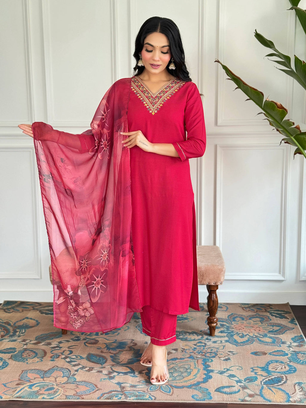The52 Floral Rayon Fabric Straight Kurta, Pant and Dupatta Set | Grocsy