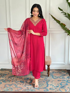 The52 Floral Rayon Fabric Straight Kurta, Pant and Dupatta Set | Grocsy