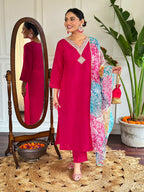 The52 Floral Chanderi Silk Fabric Straight Kurta, Pant and Dupatta Set | Grocsy