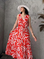 Pimu Viscose Patterned Summer Dress - Elastic Waist, V-Neck - Red | Grocsy