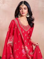The52 Women's Gorgeous Embroidery Vichitra Silk Fabric Straight Kurta, Sharara and Dupatta Set | Grocsy