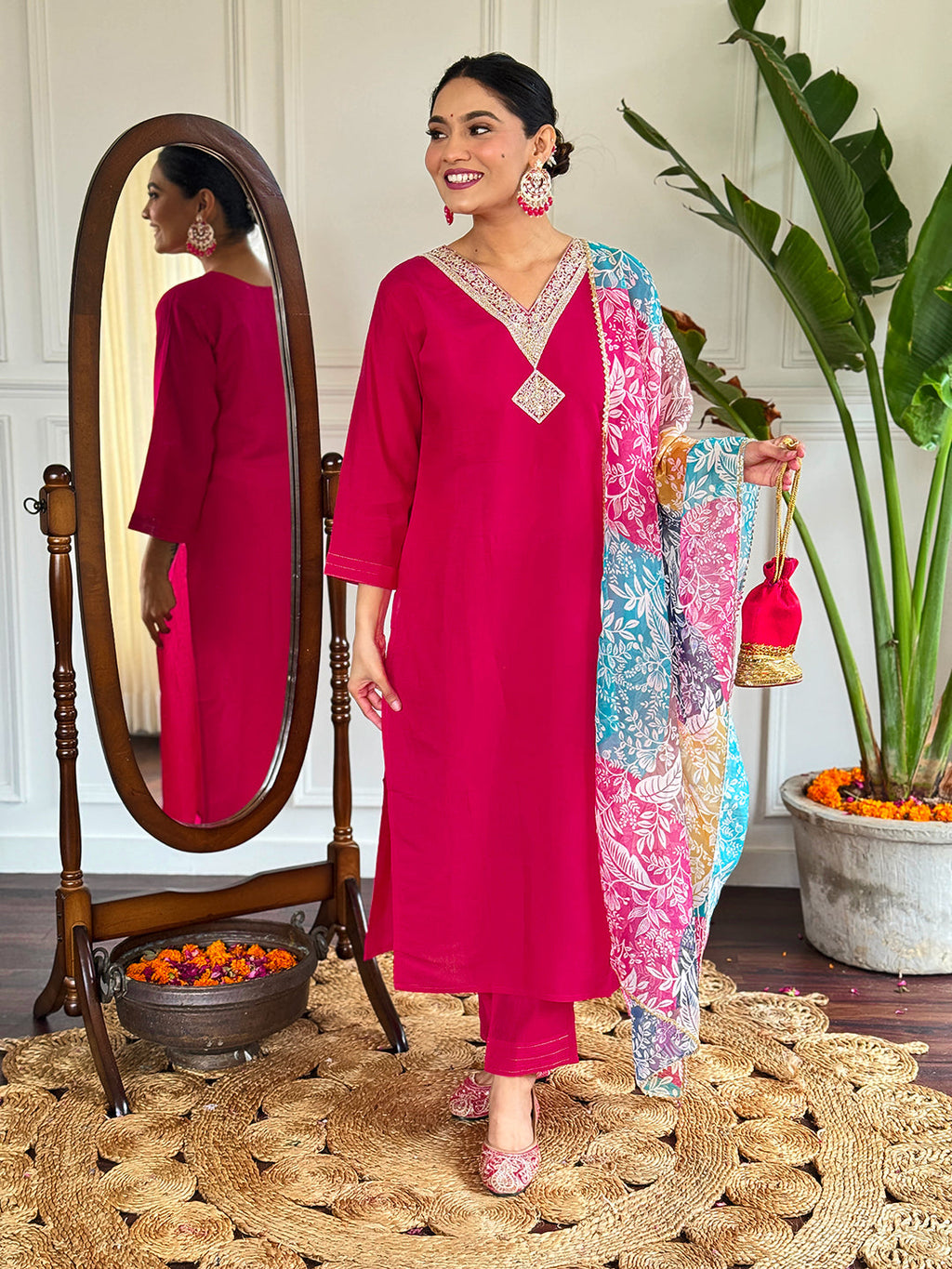 The52 Floral Chanderi Silk Fabric Straight Kurta, Pant and Dupatta Set | Grocsy