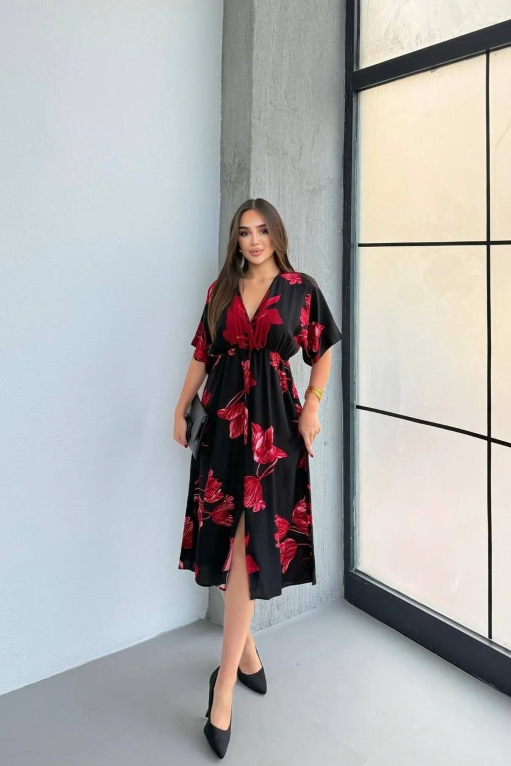 Pimu Front Slit Midi Dresses V-neck Designs For Women Party Wear - Red | Grocsy