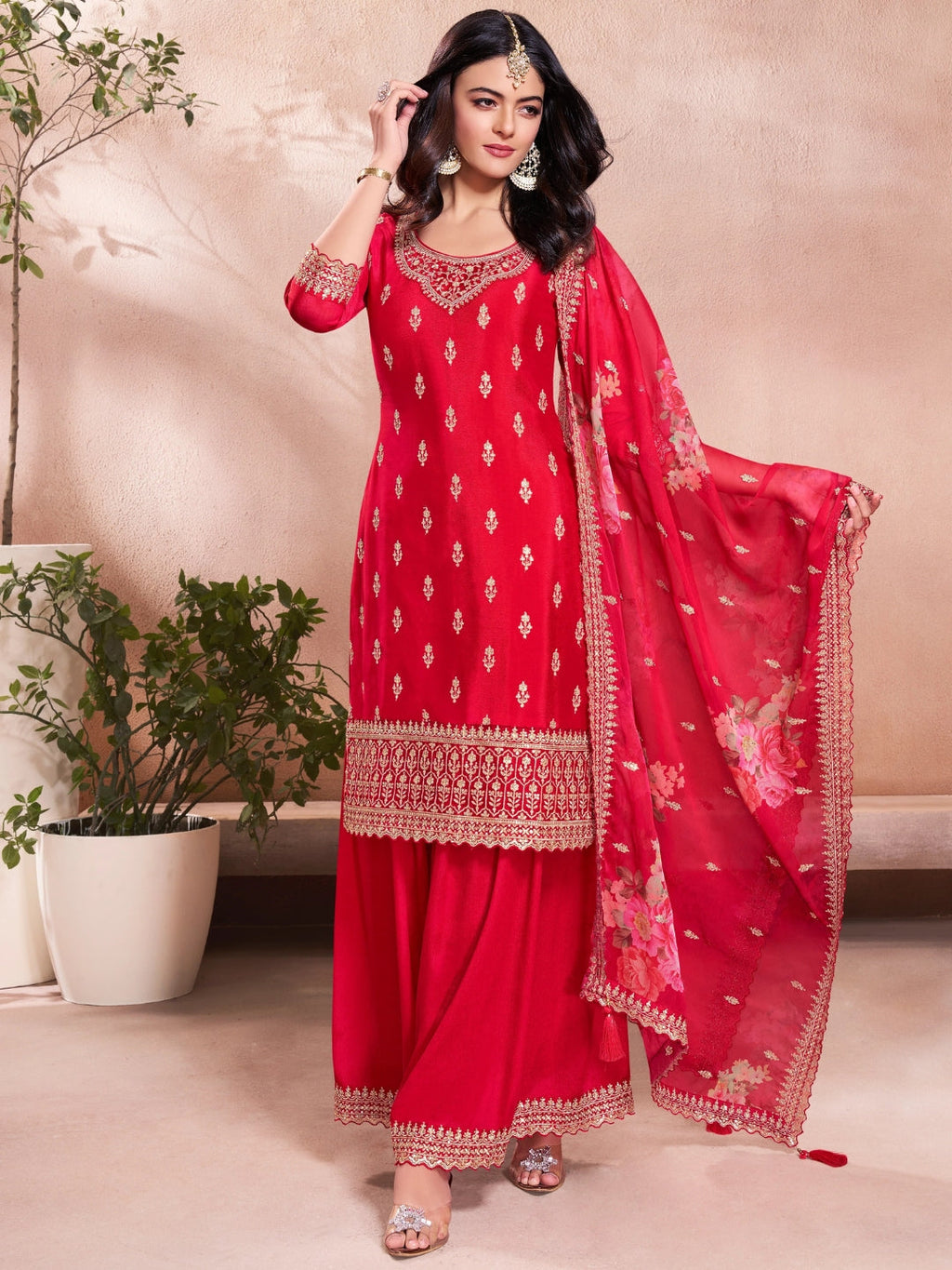 The52 Women's Gorgeous Embroidery Vichitra Silk Fabric Straight Kurta, Sharara and Dupatta Set | Grocsy