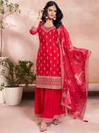 The52 Women's Gorgeous Embroidery Vichitra Silk Fabric Straight Kurta, Sharara and Dupatta Set | Grocsy