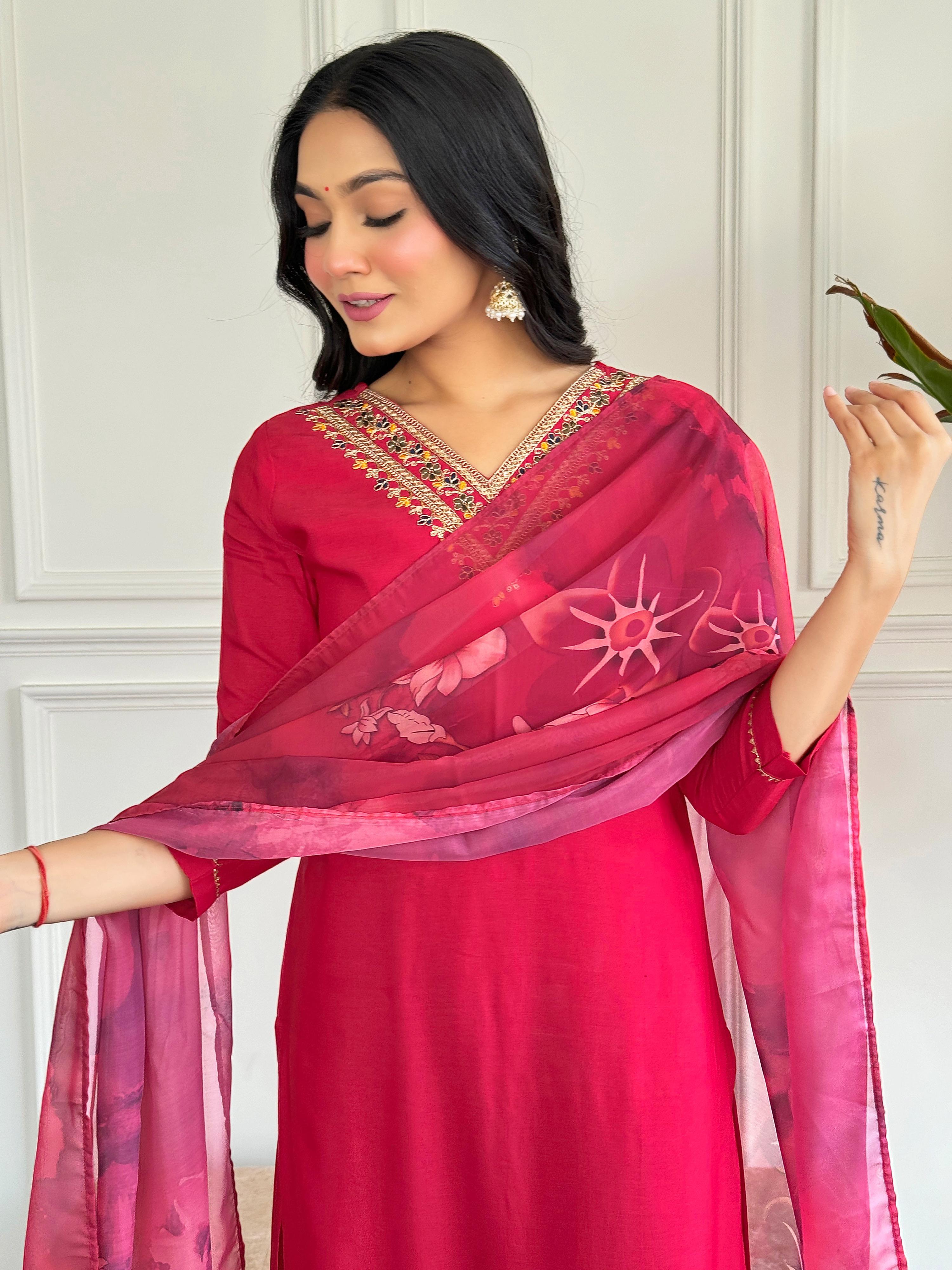 The52 Floral Rayon Fabric Straight Kurta, Pant and Dupatta Set | Grocsy