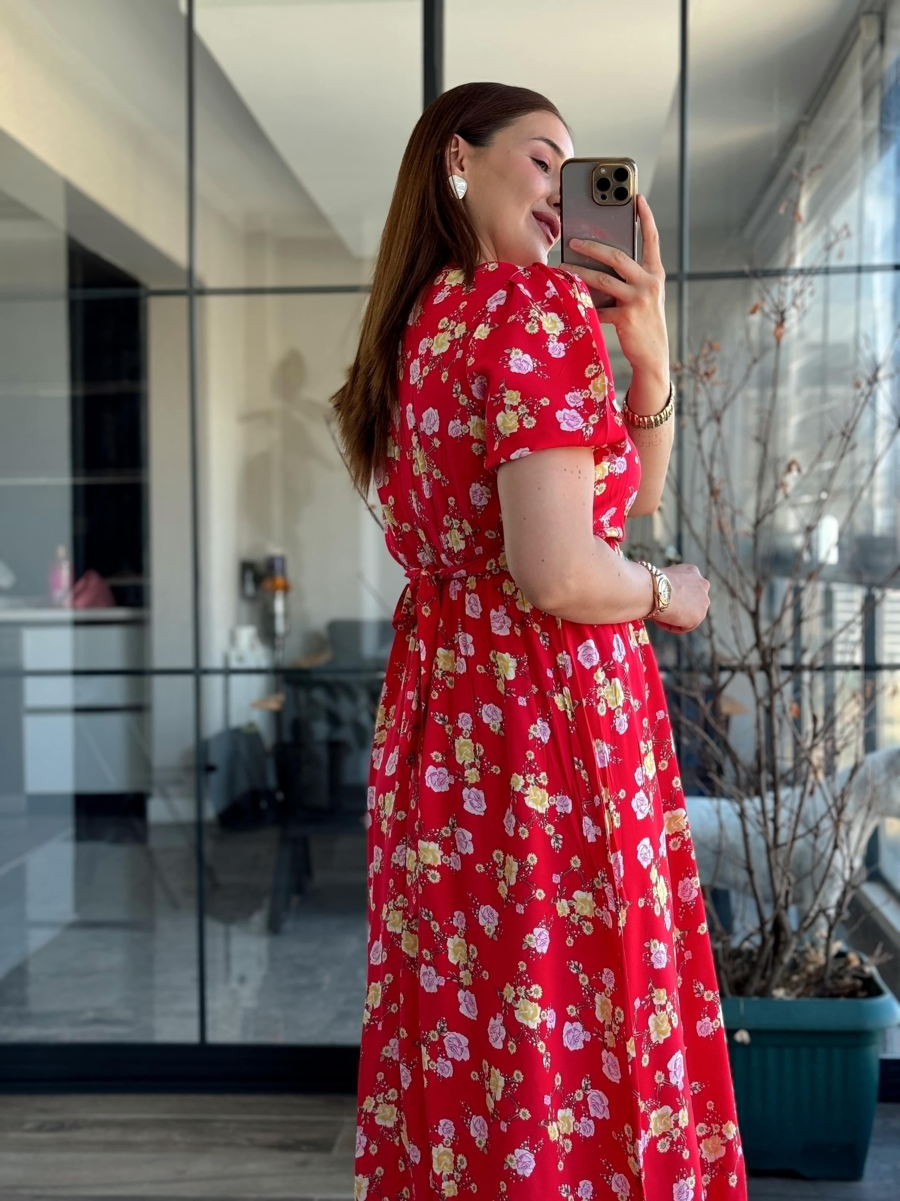 Pimu New Season Baby Collar Viscose Midi Dress - Belted Trend - Red | Grocsy