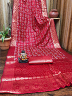 Anaita Red Soft Satin Silk Bandhej Print Saree With Kanchi Zari Weaving Border | Grocsy