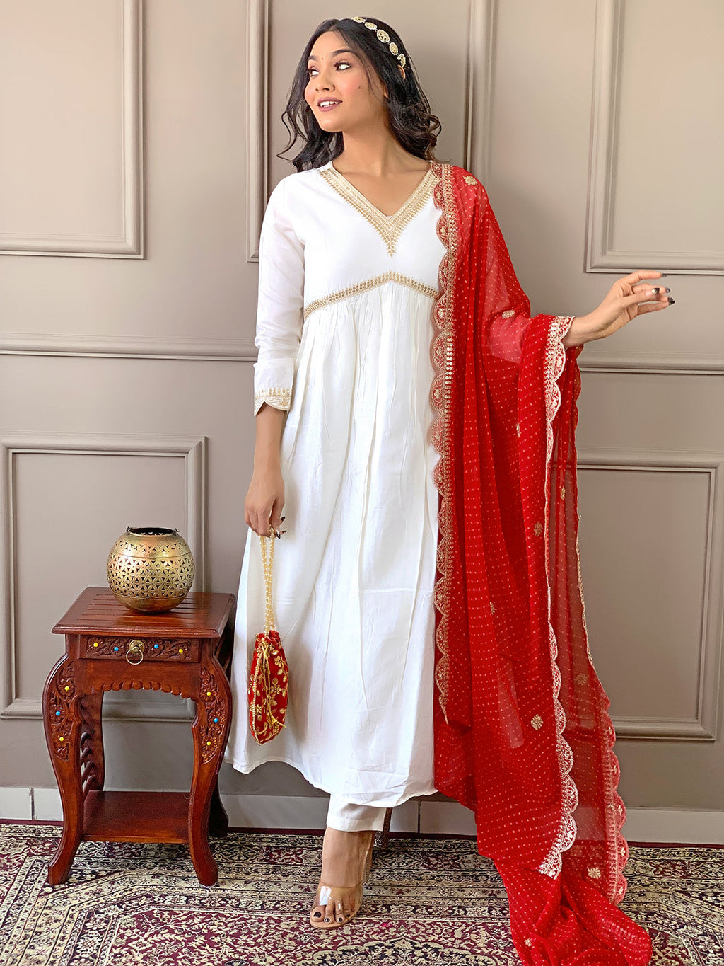 The52 Women's Gorgeous Embroidery Chandrei Fabric Straight Kurta, Pant and Dupatta Set | Grocsy