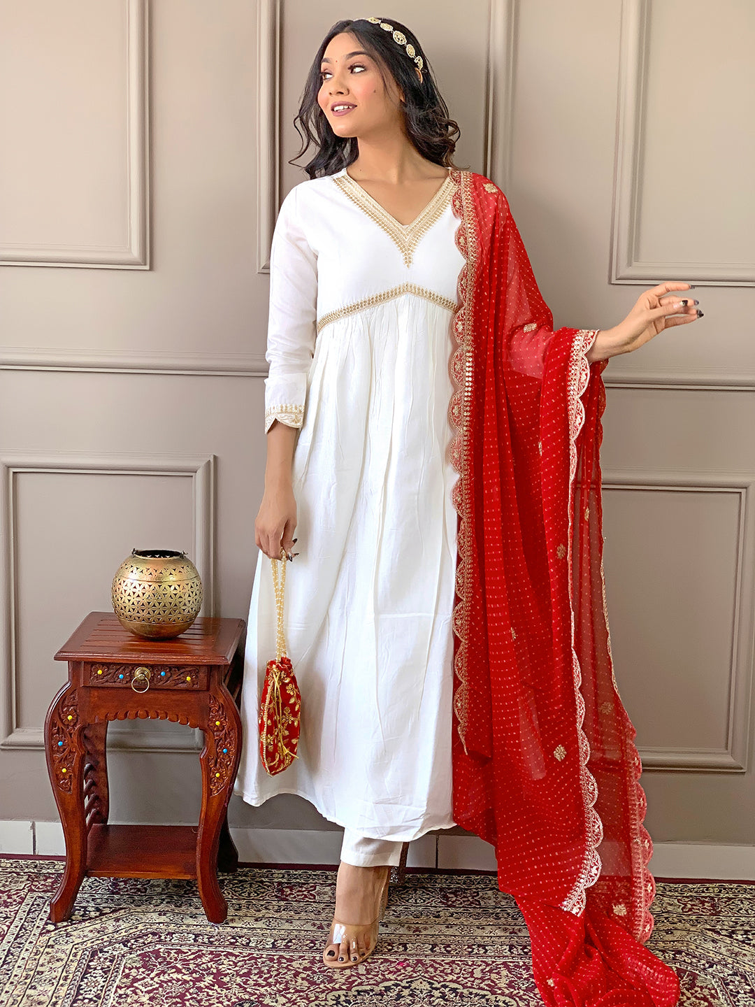 The52 Women's Gorgeous Embroidery Chandrei Fabric Straight Kurta, Pant and Dupatta Set | Grocsy