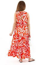 Pimu Viscose Patterned Summer Dress - Elastic Waist, V-Neck - Red | Grocsy