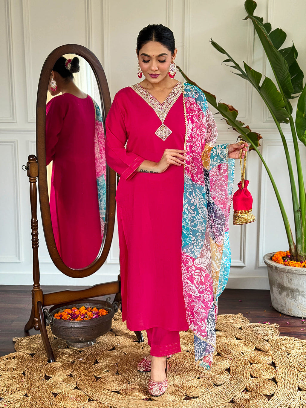 The52 Floral Chanderi Silk Fabric Straight Kurta, Pant and Dupatta Set | Grocsy