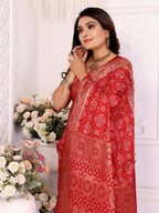 Anaita Red Soft Satin Silk Bandhej Print Saree With Kanchi Zari Weaving Border | Grocsy
