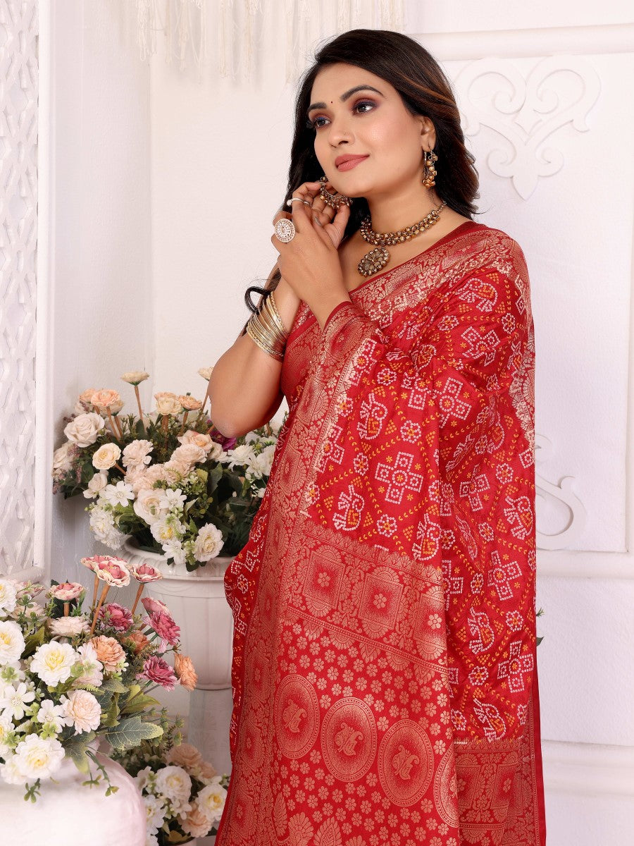 Anaita Red Soft Satin Silk Bandhej Print Saree With Kanchi Zari Weaving Border | Grocsy