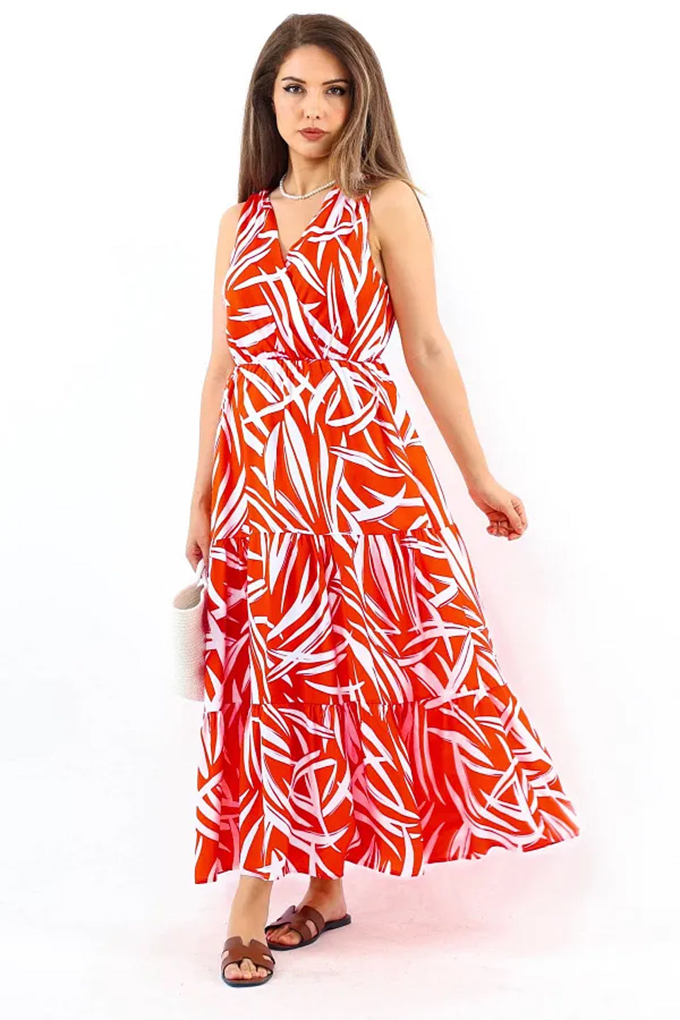 Pimu Viscose Patterned Summer Dress - Elastic Waist, V-Neck - Red | Grocsy