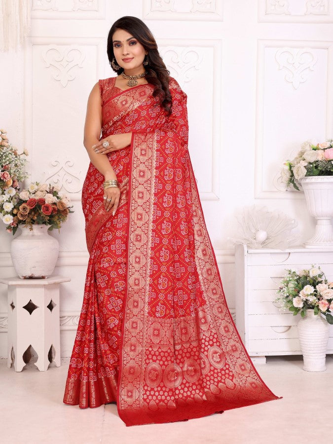 Anaita Red Soft Satin Silk Bandhej Print Saree With Kanchi Zari Weaving Border | Grocsy