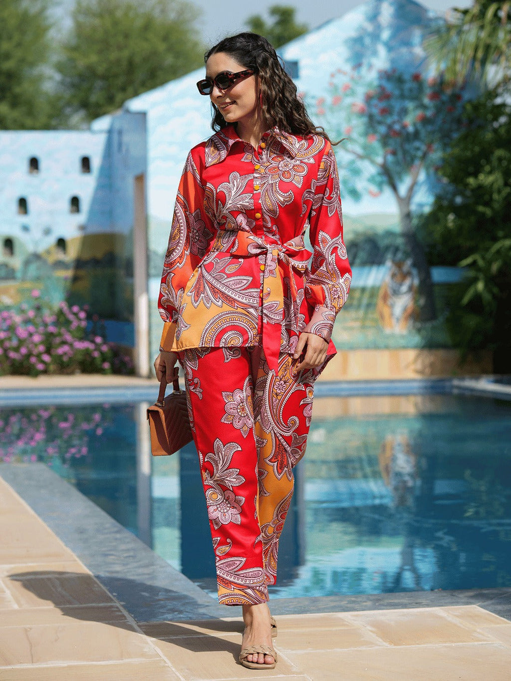 Yufta Red And Yellow Printed Satin Co-Ords | Grocsy