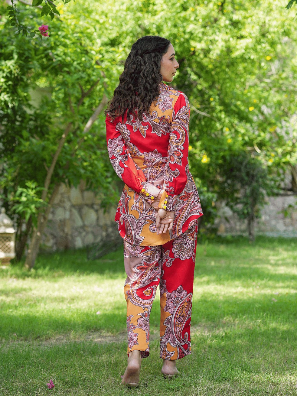 Yufta Red And Yellow Printed Satin Co-Ords | Grocsy
