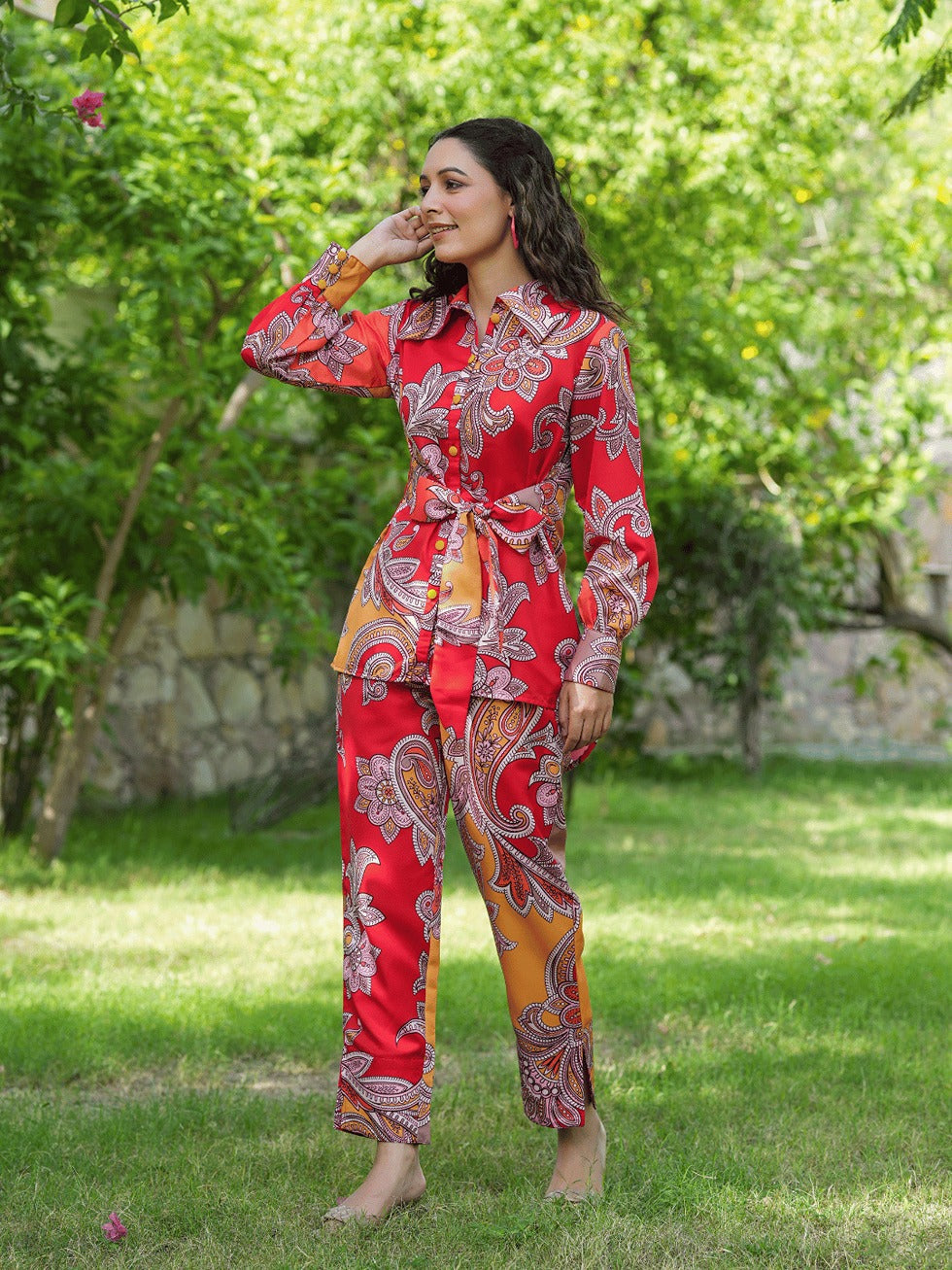 Yufta Red And Yellow Printed Satin Co-Ords | Grocsy