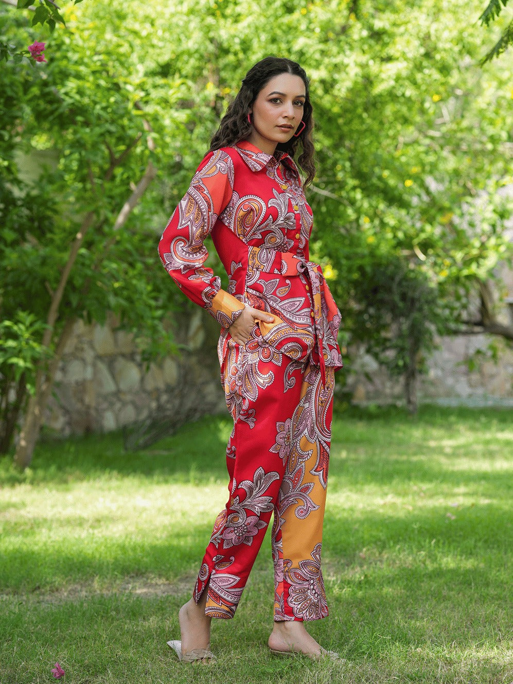 Yufta Red And Yellow Printed Satin Co-Ords | Grocsy