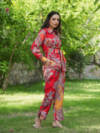 Yufta Red And Yellow Printed Satin Co-Ords | Grocsy