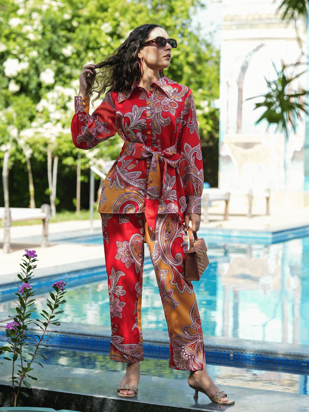 Yufta Red And Yellow Printed Satin Co-Ords | Grocsy