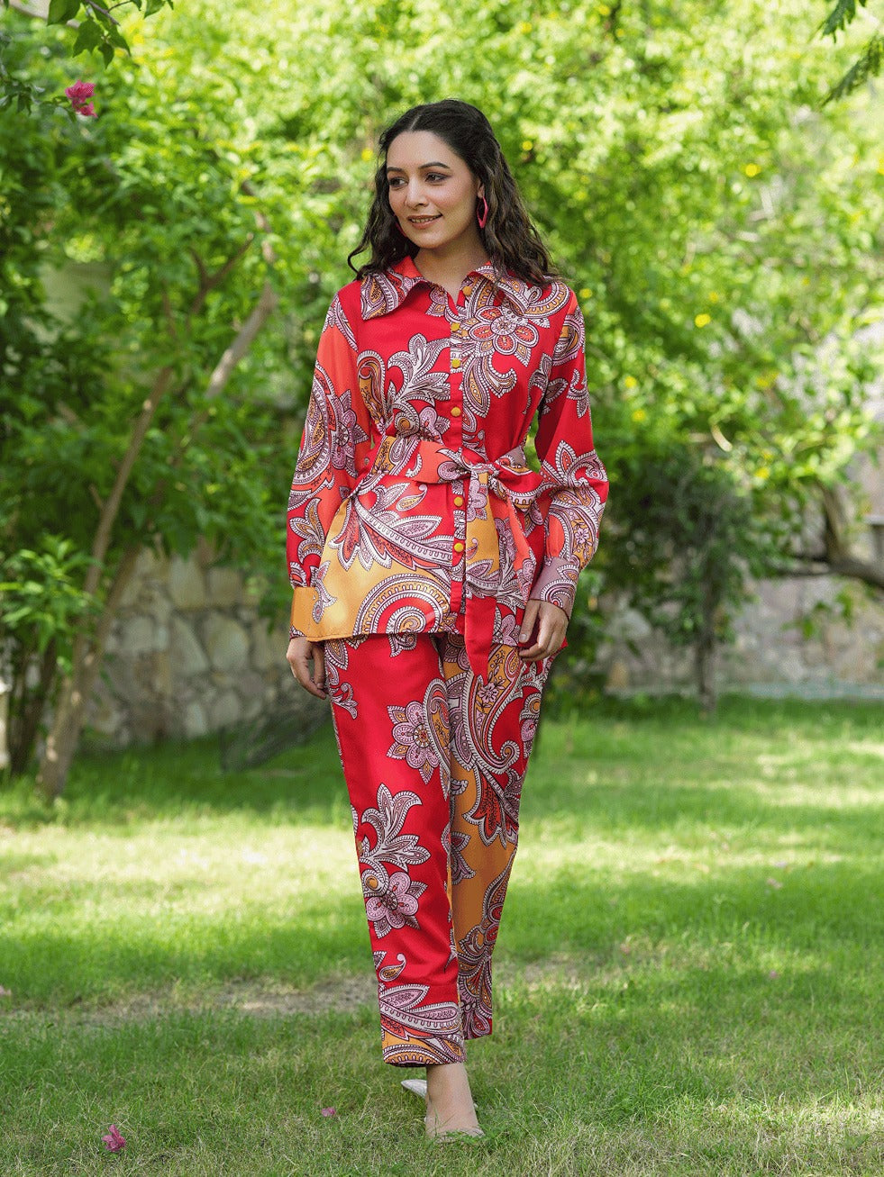 Yufta Red And Yellow Printed Satin Co-Ords | Grocsy