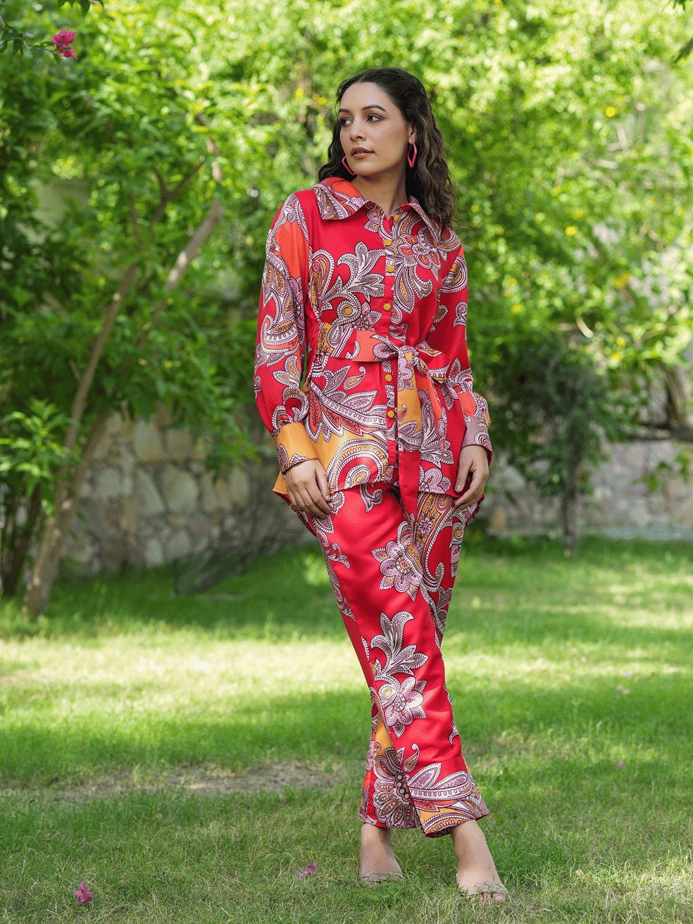 Yufta Red And Yellow Printed Satin Co-Ords | Grocsy