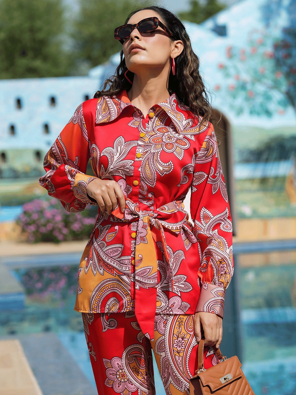 Yufta Red And Yellow Printed Satin Co-Ords | Grocsy