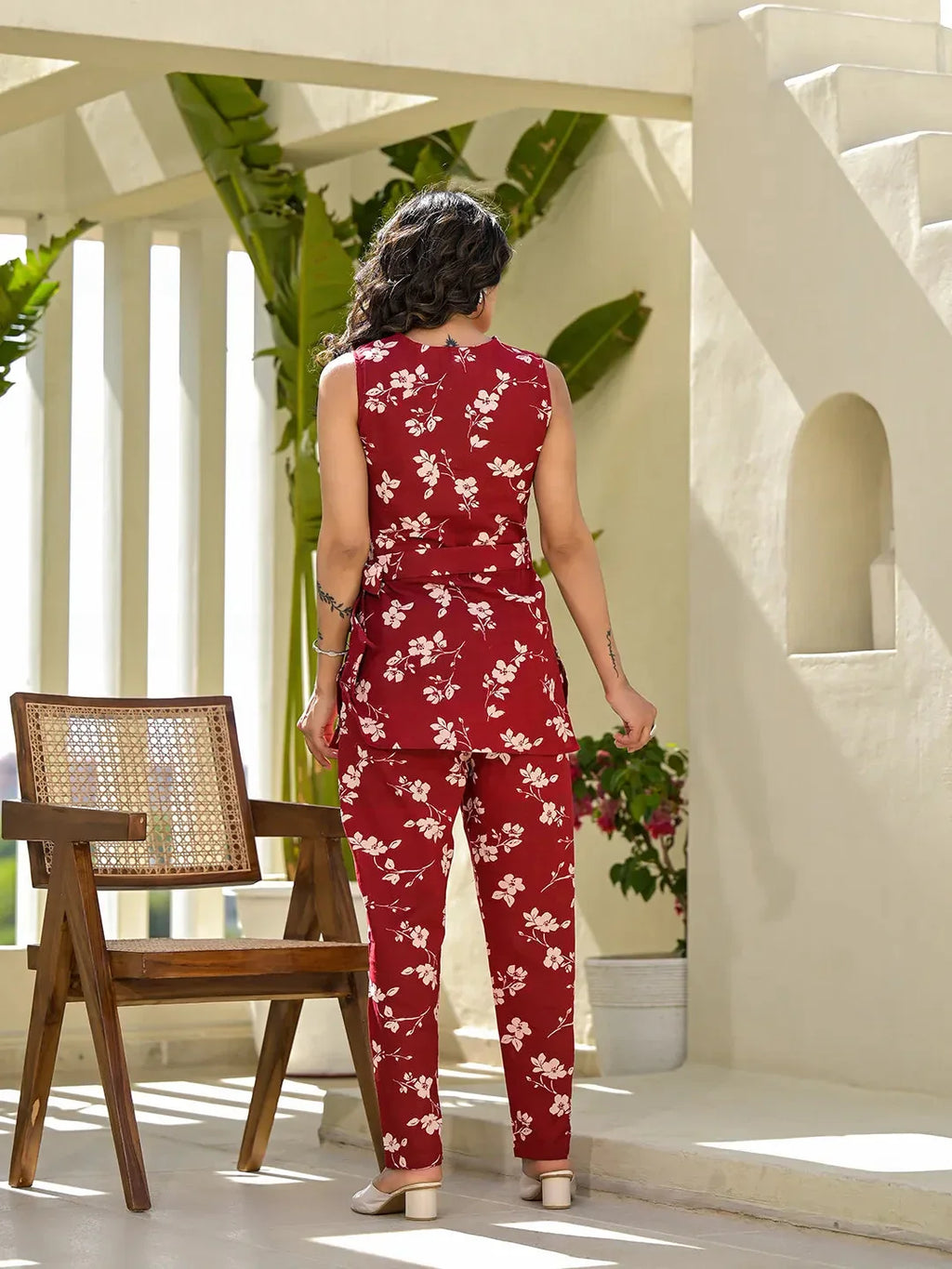 Yufta Red Cotton Floral Print Comes With A Belt Co-Ord Set | Grocsy